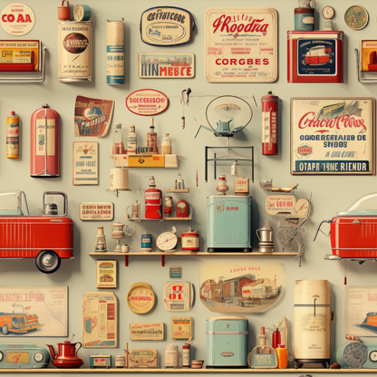 Antique Pieces Pattern 17 Quilting Cotton Fabric featuring vintage advertisements, retro objects, classic signage, nostalgic designs, muted red, cream, teal, old-fashioned labels, collectible icons, shabby chic style, rustic charm, timeless cotton textile.