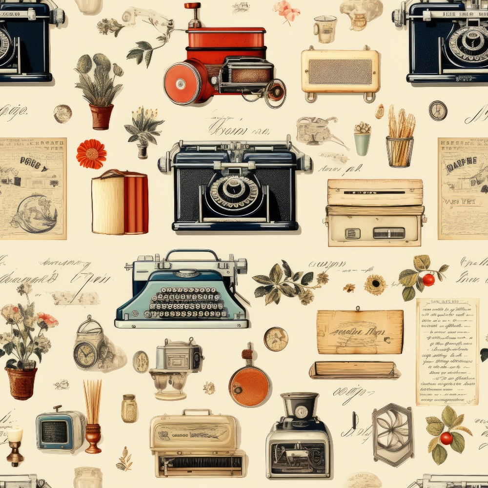Antique Pieces Pattern 22 Quilting Cotton Fabric featuring vintage typewriters, radios, flowers, handwritten letters, pots, and retro objects in cream, black, red, blue, beige, brown tones. Classic, nostalgic, decorative quilting cotton fabric for sewing, crafting, and quilting projects.