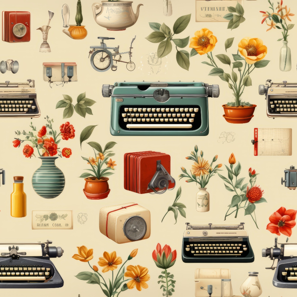 Antique Pieces Pattern 24 Quilting Cotton Fabric featuring vintage typewriters, old-fashioned cameras, bicycles, retro telephones, assorted potted plants, orange and red flowers, green leaves, beige background, nostalgic, classic, quilting, cotton fabric, traditional print, collectible designs, decorative textile.