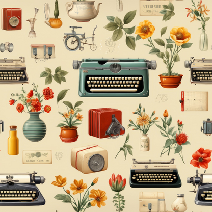 Antique Pieces Pattern 24 Quilting Cotton Fabric featuring vintage typewriters, old-fashioned cameras, bicycles, retro telephones, assorted potted plants, orange and red flowers, green leaves, beige background, nostalgic, classic, quilting, cotton fabric, traditional print, collectible designs, decorative textile.
