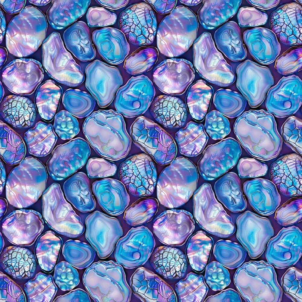 Abalones Pattern 6 Quilting Cotton Fabric featuring iridescent blue, purple, lavender, and aqua abalone shells, sea-inspired design, marine motif, shimmering textures, nature-themed quilting fabric, textile for sewing, quilting material, decorative fabric, vibrant colors, soft cotton material.