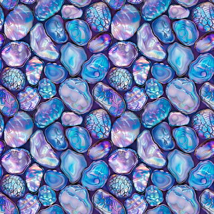 Abalones Pattern 6 Quilting Cotton Fabric featuring iridescent blue, purple, lavender, and aqua abalone shells, sea-inspired design, marine motif, shimmering textures, nature-themed quilting fabric, textile for sewing, quilting material, decorative fabric, vibrant colors, soft cotton material.