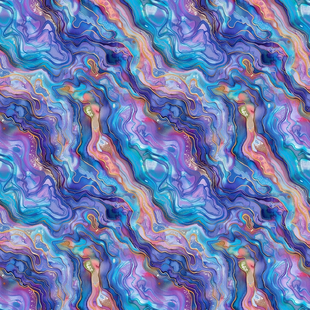 Abalones Pattern 9 Quilting Cotton Fabric featuring swirling abstract design with vibrant blues, purples, teals, peach, and gold accents, marble textures, wave-inspired motifs, seamless repeat, soft quilting cotton textile, premium fabric for sewing and crafting projects.