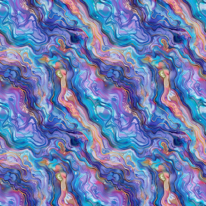 Abalones Pattern 9 Quilting Cotton Fabric featuring swirling abstract design with vibrant blues, purples, teals, peach, and gold accents, marble textures, wave-inspired motifs, seamless repeat, soft quilting cotton textile, premium fabric for sewing and crafting projects.