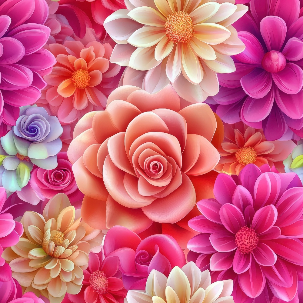 3D Colorful Florals Pattern 6 Quilting Cotton Fabric with vibrant pink, purple, peach, orange, cream, and lavender floral designs, blooming flowers, petals, garden-inspired motif, colorful textile, quilting fabric, cotton material, decorative, soft texture, premium quality cotton fabric for quilting and crafting projects.