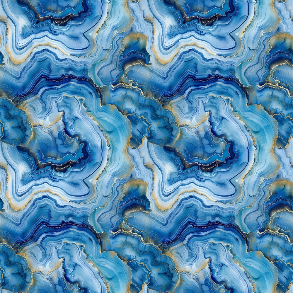 Agate Gemstones Pattern 8 Quilting Cotton Fabric in blue, teal, white, and gold hues, abstract gemstone design, swirling layers, marbled texture, natural stone inspiration, quilting fabric, cotton textile, premium sewing material, vibrant color fabric, artistic print fabric, smooth finish cotton fabric, decorative fabric for crafts and sewing projects.