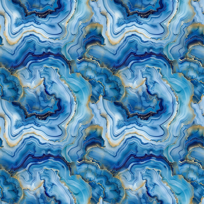 Agate Gemstones Pattern 8 Quilting Cotton Fabric in blue, teal, white, and gold hues, abstract gemstone design, swirling layers, marbled texture, natural stone inspiration, quilting fabric, cotton textile, premium sewing material, vibrant color fabric, artistic print fabric, smooth finish cotton fabric, decorative fabric for crafts and sewing projects.