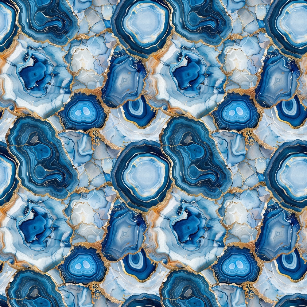 - Agate Gemstones Pattern 9 Quilting Cotton Fabric  
- Blue shades  
- White accents  
- Gold highlights  
- Stone texture  
- Mineral design  
- Organic shapes  
- Natural pattern  
- Smooth cotton textile  
- Quilting material  
- Elegant fabric