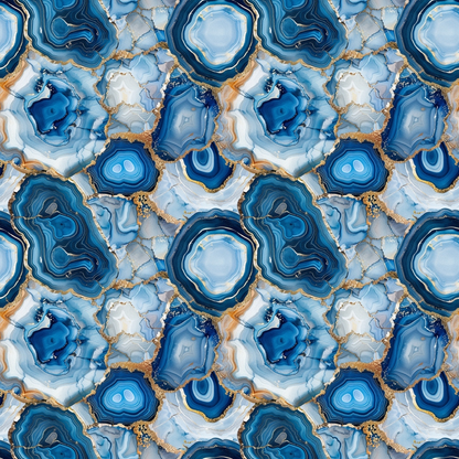 - Agate Gemstones Pattern 9 Quilting Cotton Fabric  
- Blue shades  
- White accents  
- Gold highlights  
- Stone texture  
- Mineral design  
- Organic shapes  
- Natural pattern  
- Smooth cotton textile  
- Quilting material  
- Elegant fabric