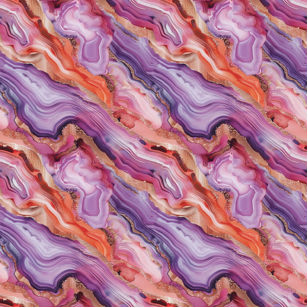 Agate Gemstones Pattern 10 Quilting Cotton Fabric featuring swirling agate stone design, rich purple, pink, orange, and gold tones, natural mineral textures, soft cotton textile, vibrant gemstone-inspired print, quilting cotton material, smooth fabric surface, decorative yardage for sewing and crafts.