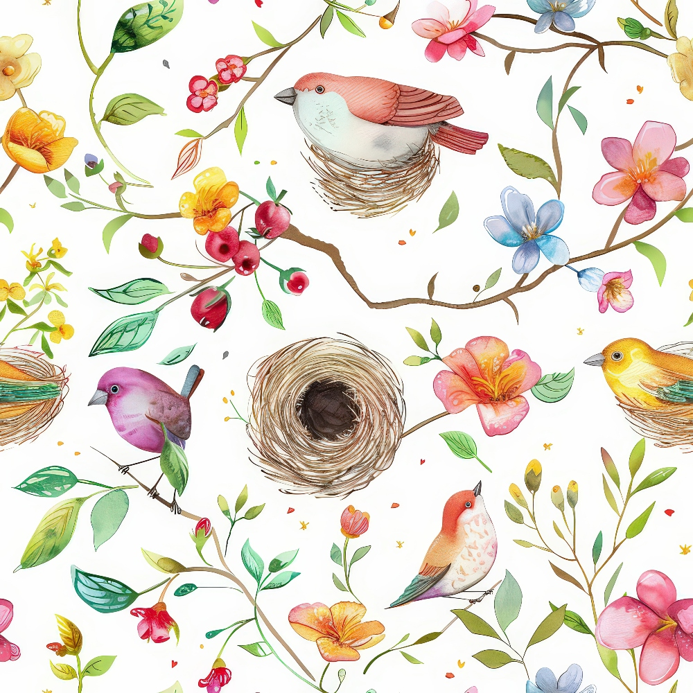 Birds Nest and Flowers Pattern 1 Quilting Cotton Fabric