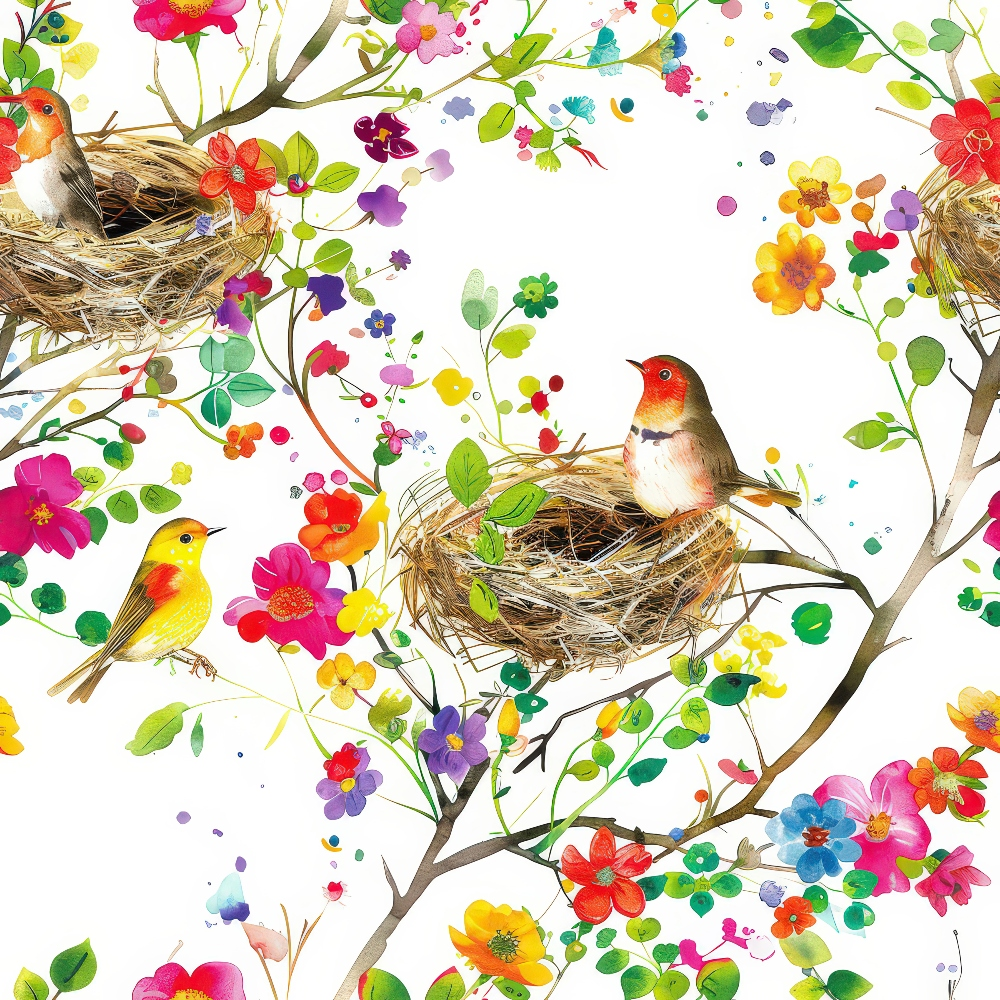 Birds Nest and Flowers Pattern 2 Quilting Cotton Fabric