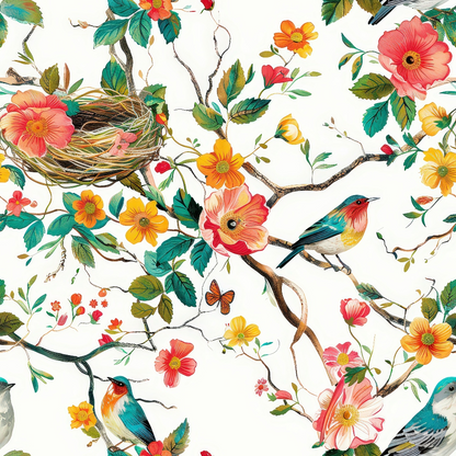 Birds Nest and Flowers Pattern 3 Quilting Cotton Fabric