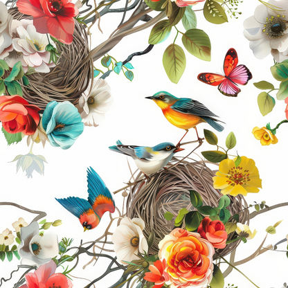 Birds Nest and Flowers Pattern 4 Quilting Cotton Fabric