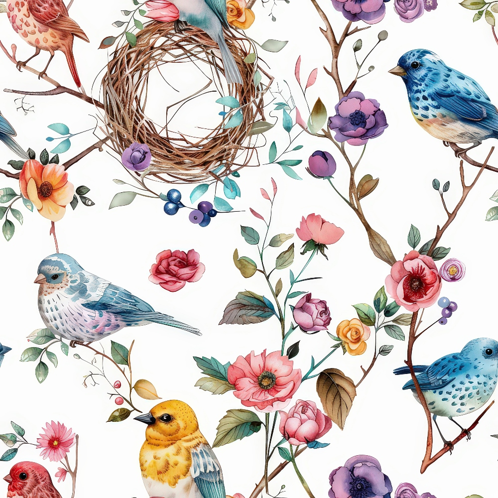 - Birds Nest and Flowers Pattern 6 Quilting Cotton Fabric  
- Birds, nests, floral, blossoms  
- Blue, yellow, pink, purple, orange  
- Cotton, quilting, soft, colorful  
- Nature, garden, branches, leaves  
- Decorative, home decor, sewing, craft