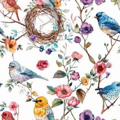 - Birds Nest and Flowers Pattern 6 Quilting Cotton Fabric  
- Birds, nests, floral, blossoms  
- Blue, yellow, pink, purple, orange  
- Cotton, quilting, soft, colorful  
- Nature, garden, branches, leaves  
- Decorative, home decor, sewing, craft