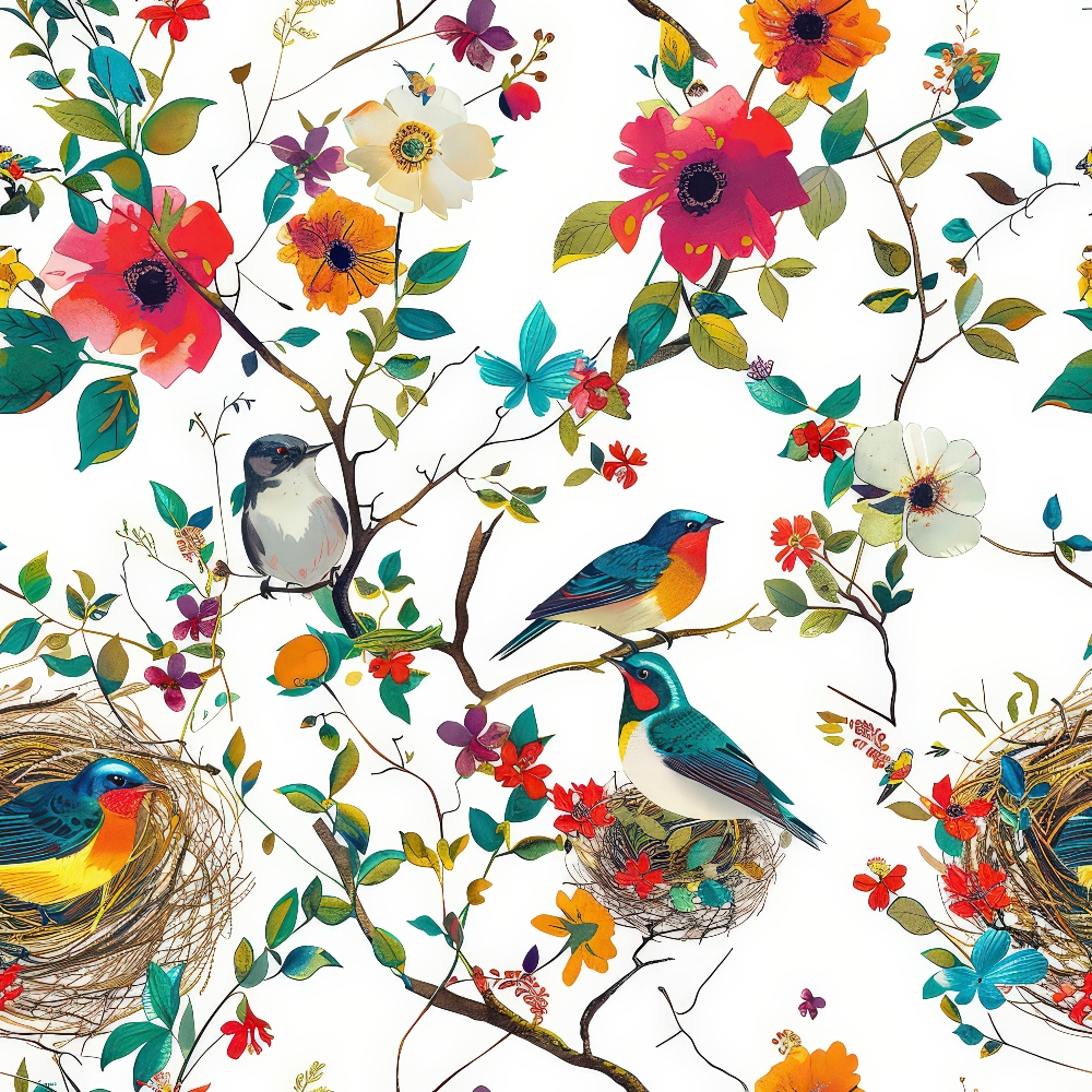 Birds Nest and Flowers Pattern 7 Quilting Cotton Fabric
