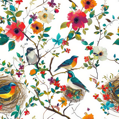 Birds Nest and Flowers Pattern 7 Quilting Cotton Fabric