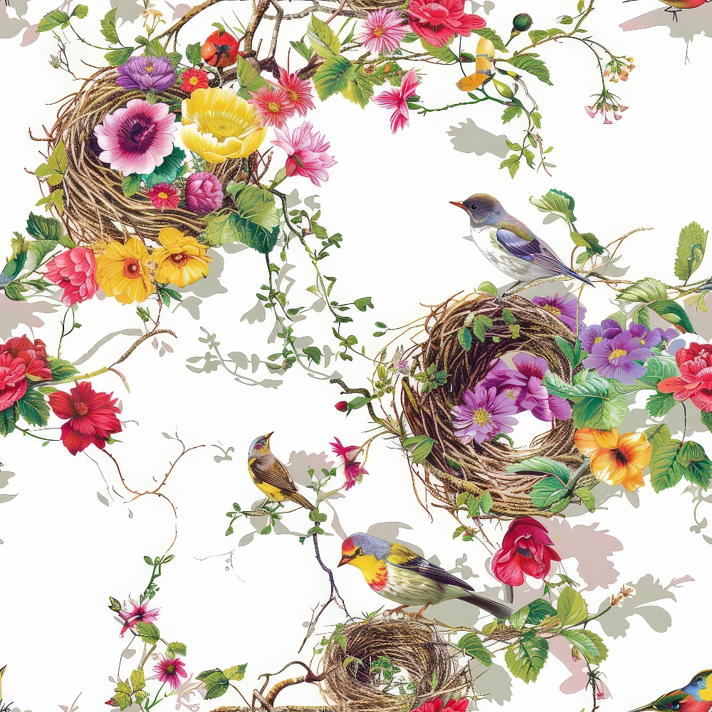 Birds Nest and Flowers Pattern 8 Quilting Cotton Fabric