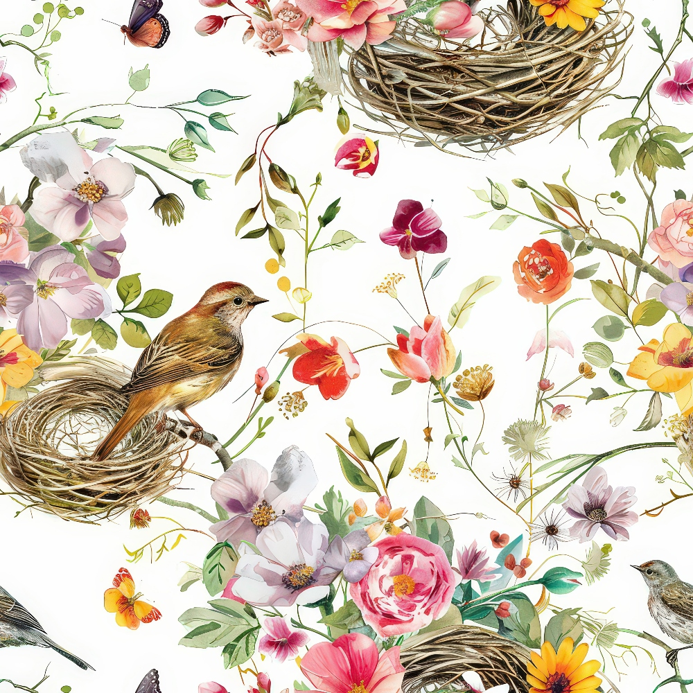 Birds Nest and Flowers Pattern 10 Quilting Cotton Fabric