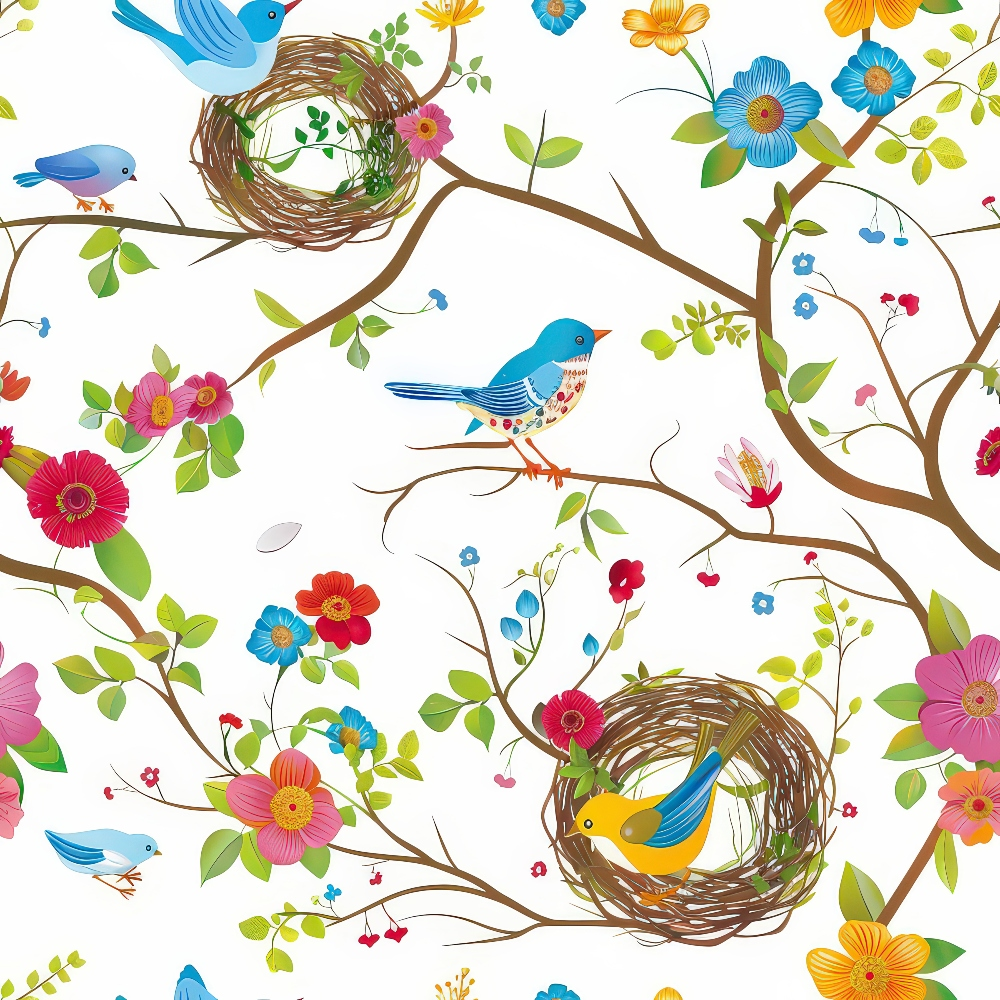 Birds Nest and Flowers Pattern 11 Quilting Cotton Fabric