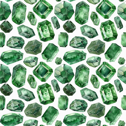 - Emerald Gemstones Pattern 1 Quilting Cotton Fabric  
- Green, white, various shades  
- Gemstone design, faceted shapes  
- Quilting, cotton textile, yardage  
- Irregular gem shapes, natural crystal look  
- Deep emerald, light green, dark green  
- Decorative fabric, jewelry-inspired print