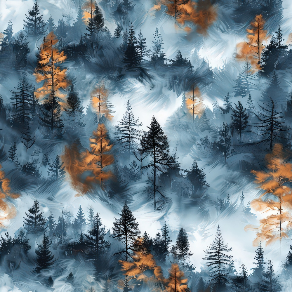 • Misty Morning Mountains Pattern 6 Quilting Cotton Fabric • serene • forest • trees • silhouette • mist • fog • blue • orange • black • autumn • nature • scenic • soft texture • cotton • quilting • yardage