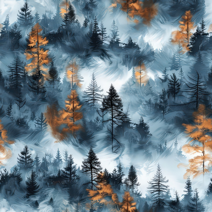 • Misty Morning Mountains Pattern 6 Quilting Cotton Fabric • serene • forest • trees • silhouette • mist • fog • blue • orange • black • autumn • nature • scenic • soft texture • cotton • quilting • yardage