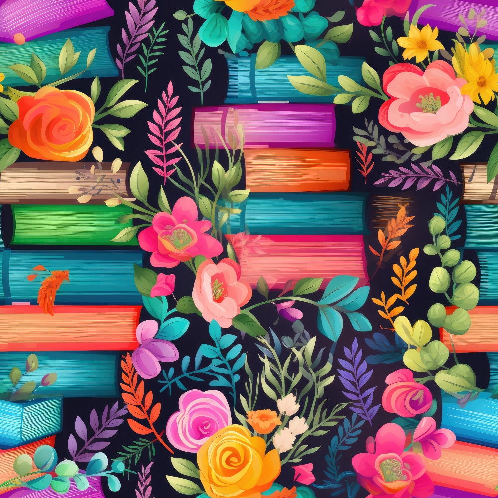 Rainbow Books and Flowers Pattern 10 Quilting Cotton Fabric