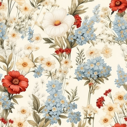 - Rustic Wildflowers Bouquets Pattern 1 Quilting Cotton Fabric  
- floral design  
- wildflowers  
- bouquets  
- cream background  
- soft blue flowers  
- red blossoms  
- beige accents  
- green leaves  
- quilting cotton  
- natural  
- vintage style  
- meadow flowers  
- texture  
- sewing fabric  
- craft material