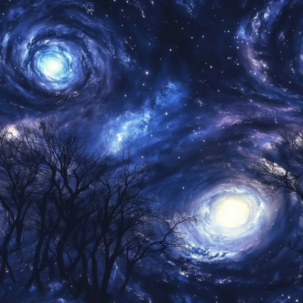 Aurora Starry Night Sky Pattern 2 Quilting Cotton Fabric featuring dark blue, navy, black, and white colors, starry sky, swirling galaxy, nebula texture, celestial design, night landscape, silhouette trees, cosmic pattern, quilting cotton textile, night sky fabric, cosmic fabric, star pattern, galactic design, fabric yardage, premium quilting cotton.