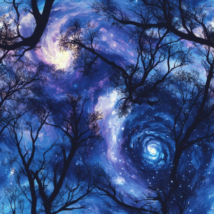 Aurora Starry Night Sky Pattern 3 Quilting Cotton Fabric featuring deep blue, purple, black, white, galaxy, spiral, stars, night sky, celestial, tree silhouettes, nature, cosmic, premium, soft, quilting, cotton, fabric, yardage, USA made.