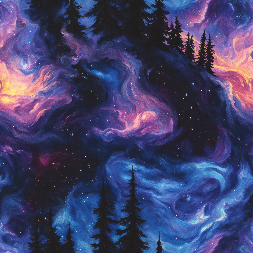 Aurora Starry Night Sky Pattern 5 Quilting Cotton Fabric, quilting, cotton, fabric, celestial, night sky, starry, cosmic, vibrant, colorful, swirling, purple, blue, pink, orange, dark silhouettes, pine trees, forest, cosmic design, premium fabric, printed, USA, soft texture, artistic, dreamy pattern, nature-inspired, fabric yardage.