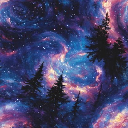 Aurora Starry Night Sky Pattern 6 Quilting Cotton Fabric featuring swirling galaxy colors in blue, purple, pink, and black with silhouetted evergreen trees, night sky, cosmic design, celestial theme, starry backdrop, quilting material, cotton textile, fabric with vibrant hues and nature-inspired celestial pattern.