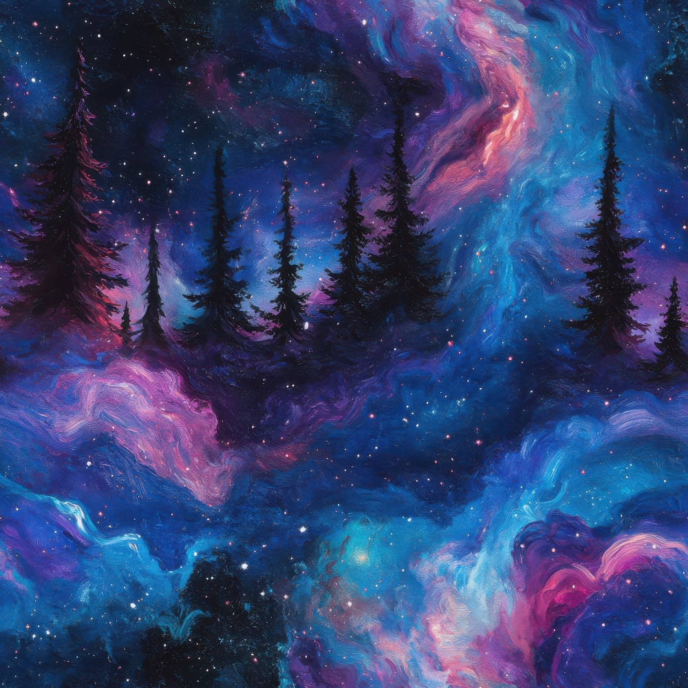 Aurora Starry Night Sky Pattern 7 Quilting Cotton Fabric featuring celestial night sky design, cosmic blues, purples, pinks, black silhouetted trees, starry, galaxy, nebula, forest, quilting, cotton, fabric, yardage, premium textile.