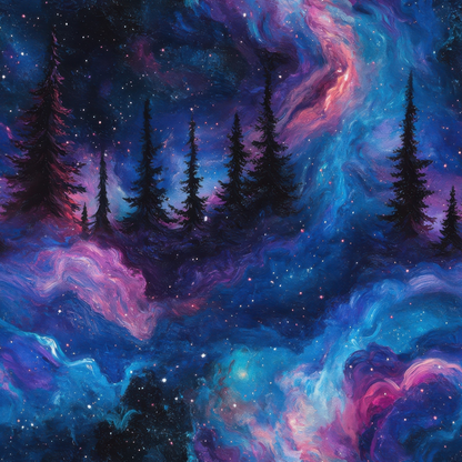 Aurora Starry Night Sky Pattern 7 Quilting Cotton Fabric featuring celestial night sky design, cosmic blues, purples, pinks, black silhouetted trees, starry, galaxy, nebula, forest, quilting, cotton, fabric, yardage, premium textile.