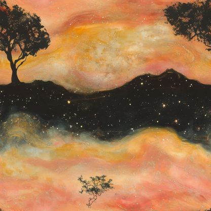 Aurora Starry Night Sky Pattern 8 Quilting Cotton Fabric featuring celestial starry design, night sky motif, dark silhouettes of trees, gradient sunset colors in orange, peach, black, and soft beige, textured background, quilting textile, cotton material, decorative fabric for sewing and crafting projects.