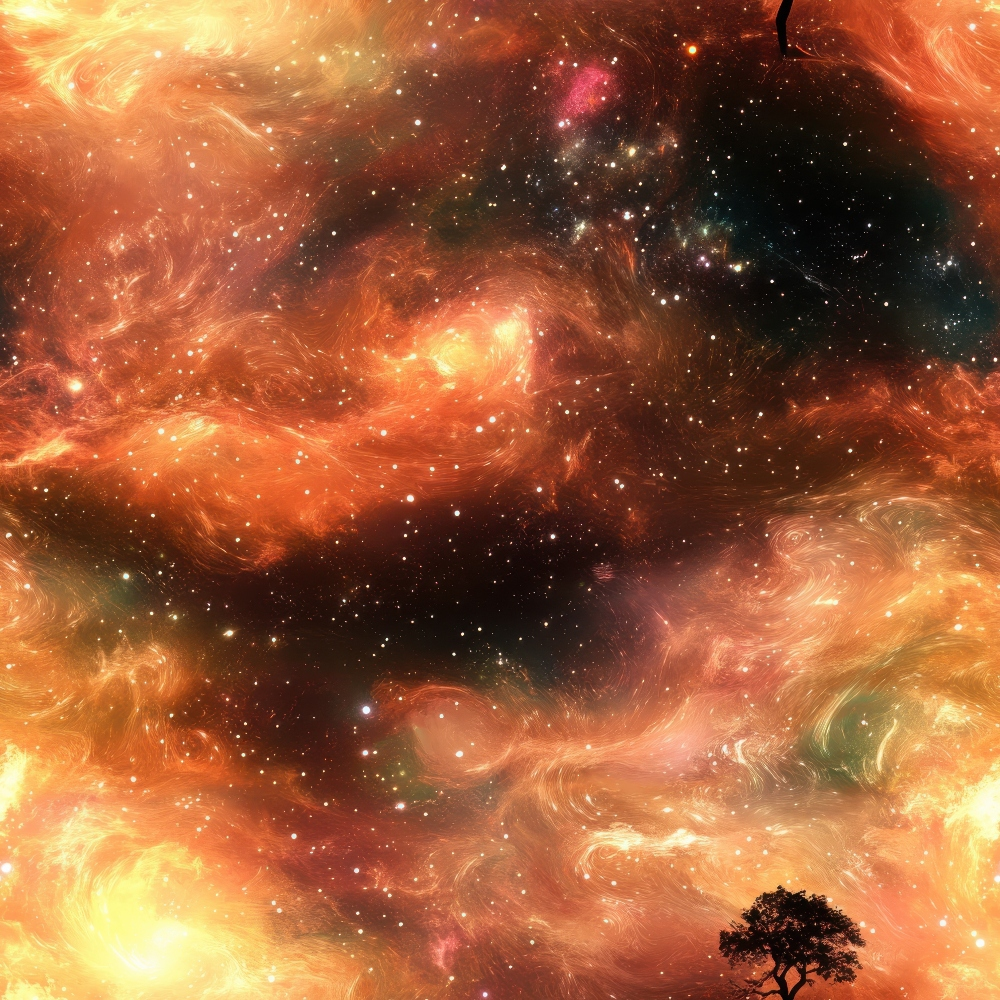 Aurora Starry Night Sky Pattern 9 Quilting Cotton Fabric, cotton, quilting, fabric, celestial, cosmic, starry, night, sky, galaxy, vivid colors, vibrant, soft, premium, textile, orange, black, yellow, swirling, abstract, space, nebula, luminous, detailed