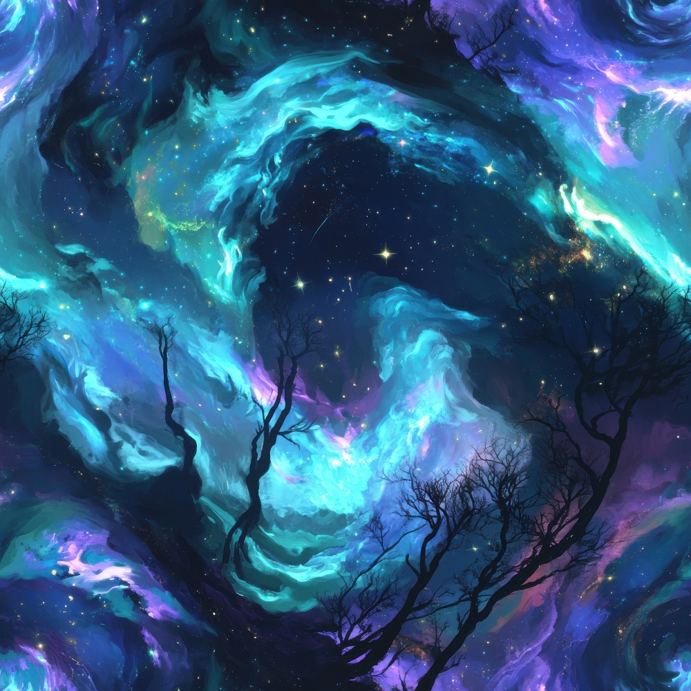 Aurora Starry Night Sky Pattern 13 Quilting Cotton Fabric, starry night, galaxy, cosmic swirl, blue, teal, purple, black, celestial, trees silhouette, quilting, cotton, fabric, vivid colors, soft texture, premium material, USA printed, continuous yardage