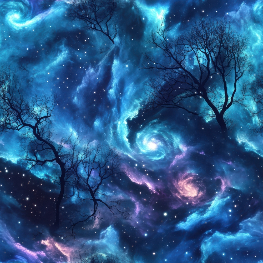 Aurora Starry Night Sky Pattern 14 Quilting Cotton Fabric, navy, blue, black, purple, starry, cosmic, galaxy, night sky, swirling, celestial, trees, branches, quilting, cotton, textile, fabric, premium, soft, vibrant colors, yardage