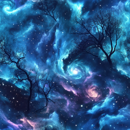 Aurora Starry Night Sky Pattern 14 Quilting Cotton Fabric, navy, blue, black, purple, starry, cosmic, galaxy, night sky, swirling, celestial, trees, branches, quilting, cotton, textile, fabric, premium, soft, vibrant colors, yardage