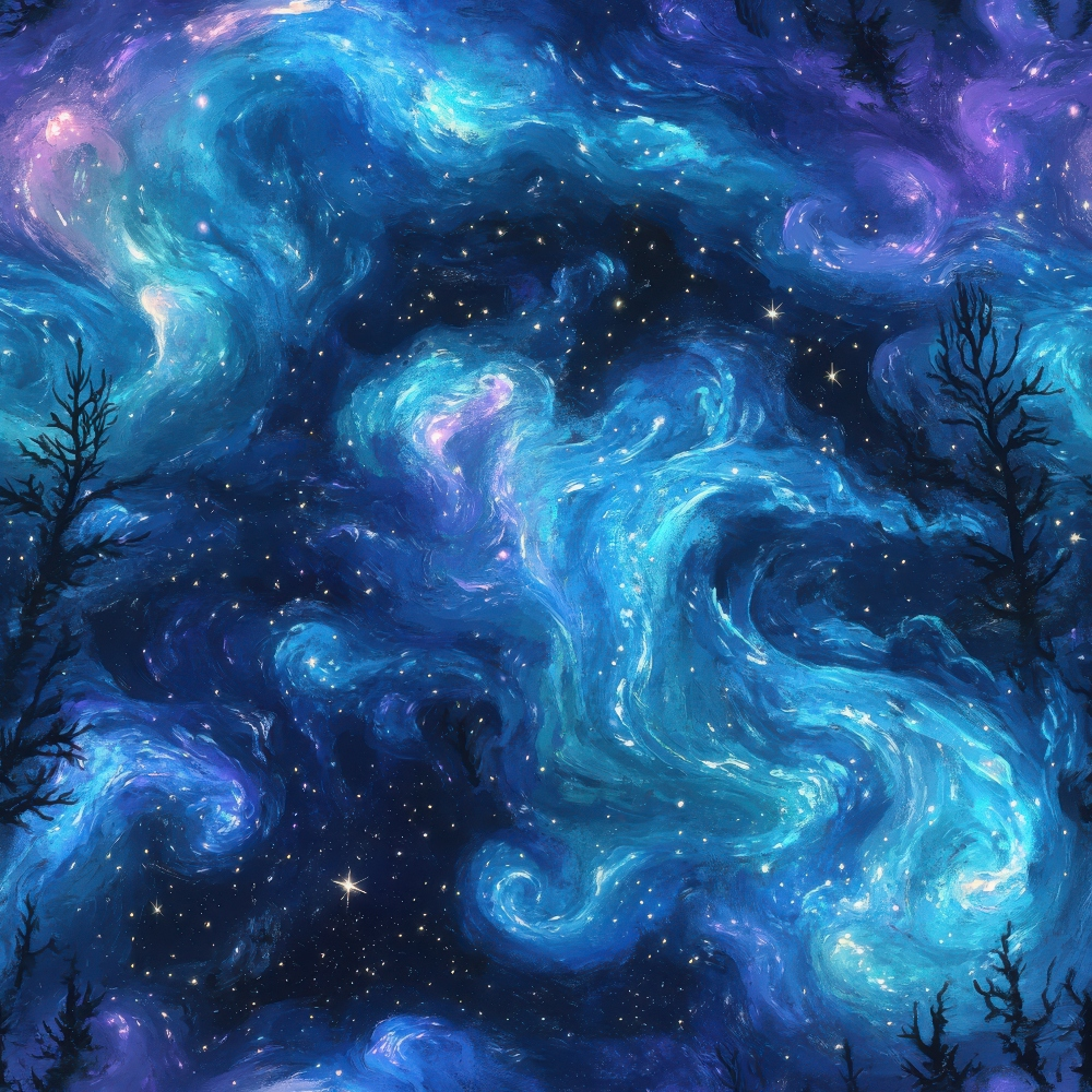 Aurora Starry Night Sky Pattern 15 Quilting Cotton Fabric showing swirling blue and purple night sky, stars, celestial design, deep indigo, navy, vibrant colors, abstract cosmic pattern, quilting, cotton textile, fabric yardage, soft finish, premium material