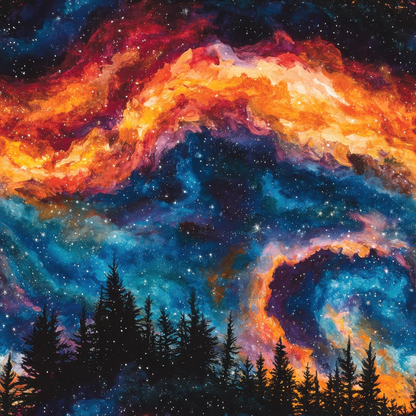 Aurora Starry Night Sky Pattern 16 Quilting Cotton Fabric featuring vibrant orange, red, blue, and black colors, celestial and cosmic designs, starry sky motifs, night sky theme, forest silhouettes, premium cotton textile, quilting material, artistic galaxy print, celestial pattern, cosmic quilt fabric.