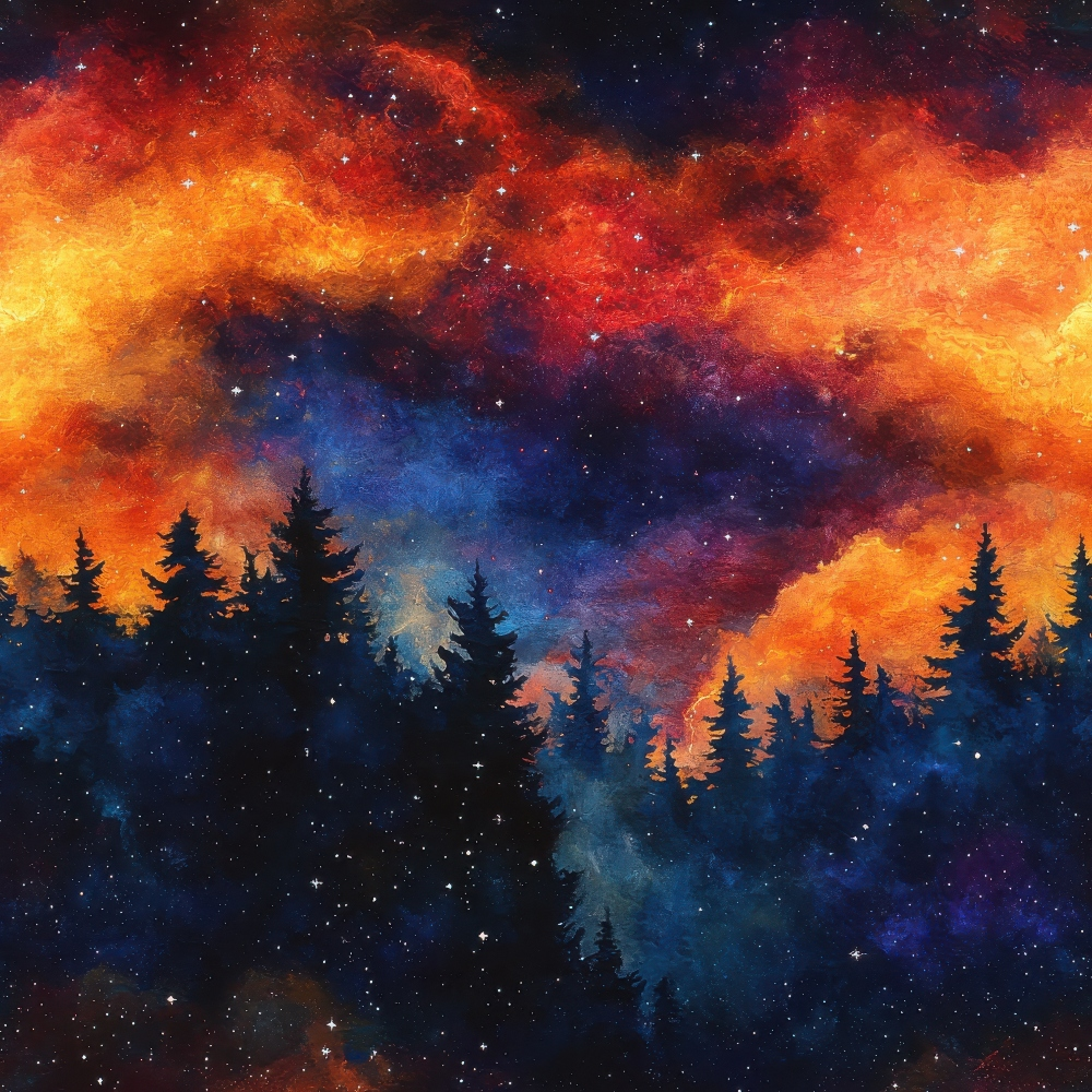 Aurora Starry Night Sky Pattern 17 Quilting Cotton Fabric showcasing dark silhouette trees, vibrant orange, red, deep blue, purple galaxy colors, starry night texture, celestial theme, cotton textile, quilting material, colorful night sky design.