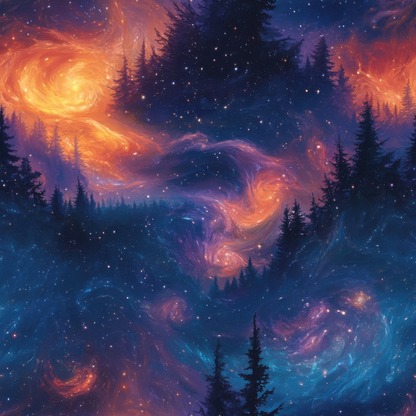 Aurora Starry Night Sky Pattern 18 Quilting Cotton Fabric featuring dark blue and purple hues, vibrant orange swirls, celestial starry design, cosmic galaxy theme, forest silhouette, dreamy night sky, watercolor effect, soft cotton texture, artistic quilting textile, premium fabric for sewing projects.