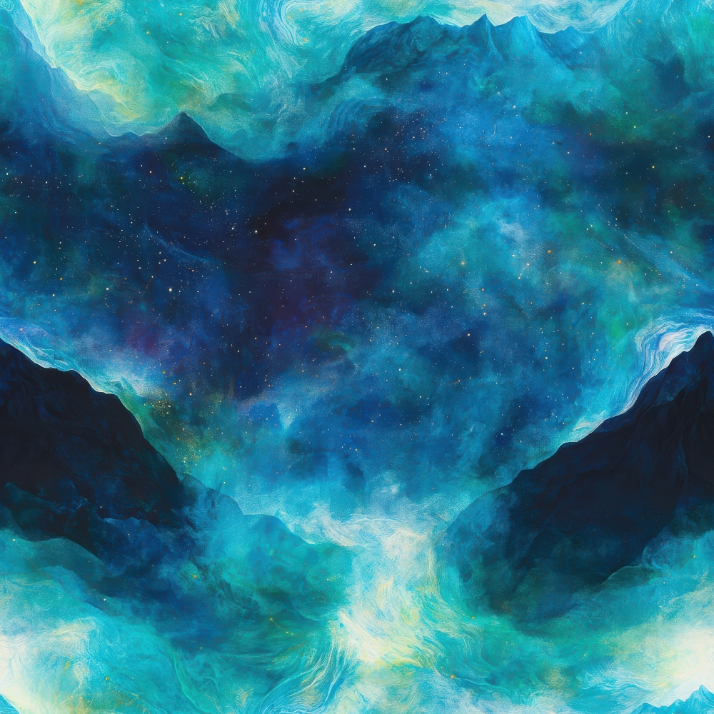 Aurora Starry Night Sky Pattern 19 Quilting Cotton Fabric with blue, teal, black, and white colors, celestial, night sky, starry, cosmic, swirling, abstract, dreamy, soft texture, cotton, quilting, fabric, premium textile, USA made, vibrant, artistic, decorative, textile material.