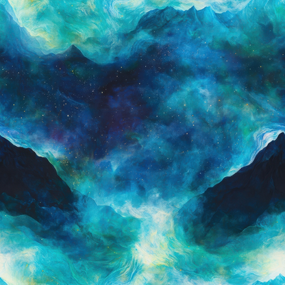 Aurora Starry Night Sky Pattern 19 Quilting Cotton Fabric with blue, teal, black, and white colors, celestial, night sky, starry, cosmic, swirling, abstract, dreamy, soft texture, cotton, quilting, fabric, premium textile, USA made, vibrant, artistic, decorative, textile material.