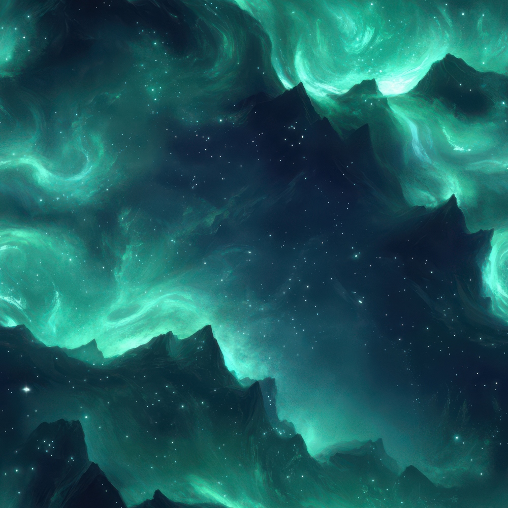 Aurora Starry Night Sky Pattern 20 Quilting Cotton Fabric, dark teal and black colors, celestial design, starry galaxy print, swirling night sky motif, cosmic quilting textile, premium cotton material, nightscape theme, fabric yardage for quilting projects.