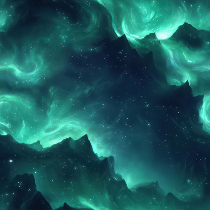 Aurora Starry Night Sky Pattern 20 Quilting Cotton Fabric, dark teal and black colors, celestial design, starry galaxy print, swirling night sky motif, cosmic quilting textile, premium cotton material, nightscape theme, fabric yardage for quilting projects.