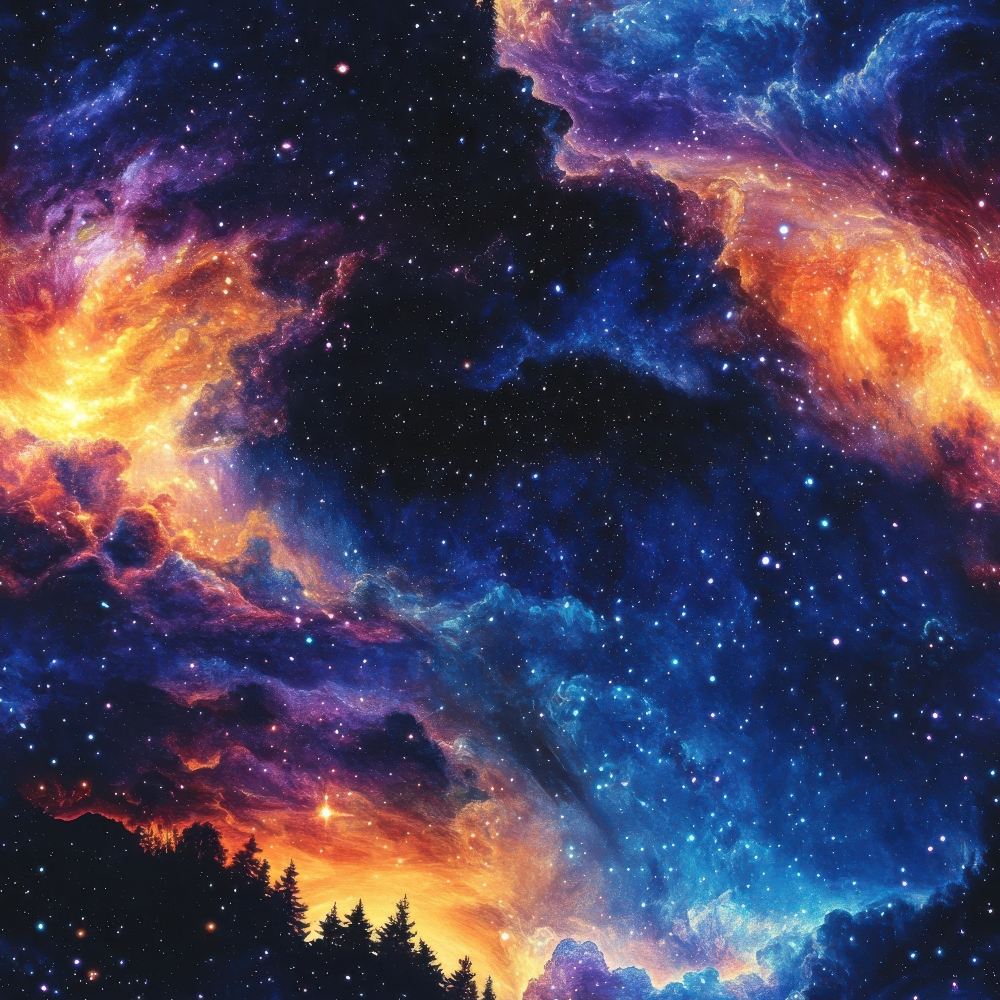 Aurora Starry Night Sky Pattern 25 Quilting Cotton Fabric, night sky, stars, cosmic, space design, vibrant colors, dark blue, orange, yellow, celestial, galaxy print, premium quilting cotton, fabric texture, cotton material, yardage fabric, artistic textile